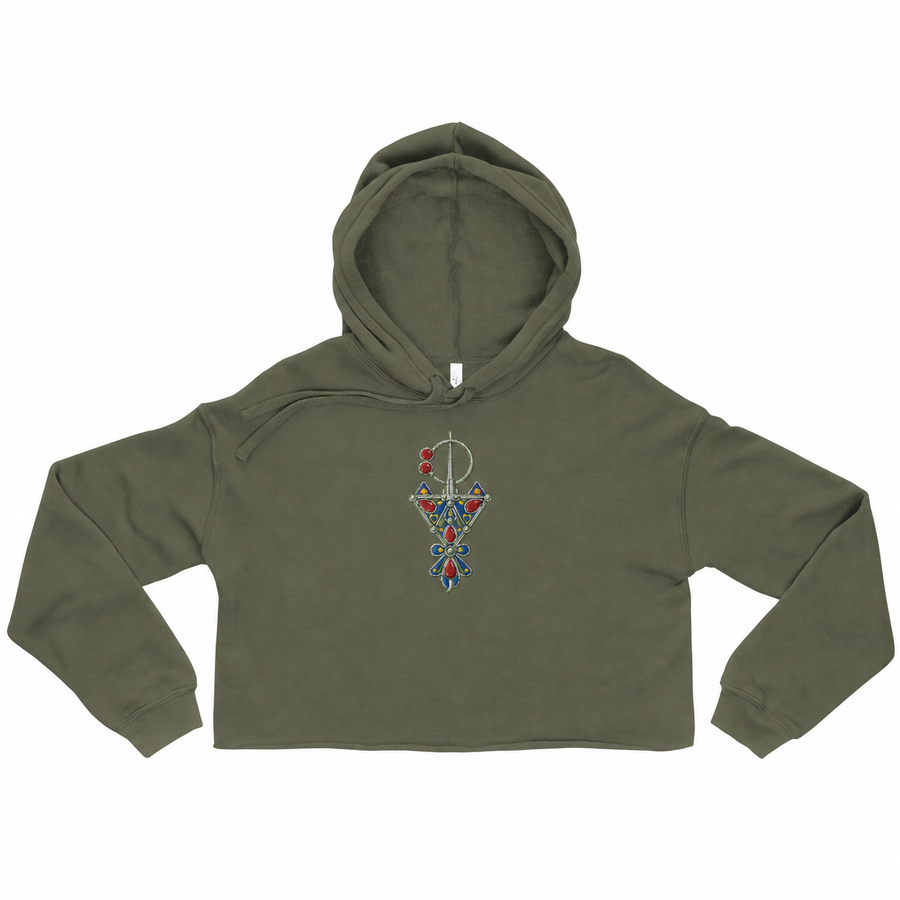 Signature Amazigh Jewelry Embroidered Cropped Hoodie — Military green cropped hoodie with embroidered Amazigh jewelry in realistic proportions