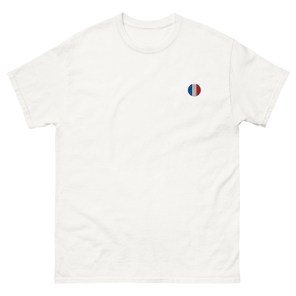 Klassiek uniseks T-shirt met geborduurde Franse vlag – Rond