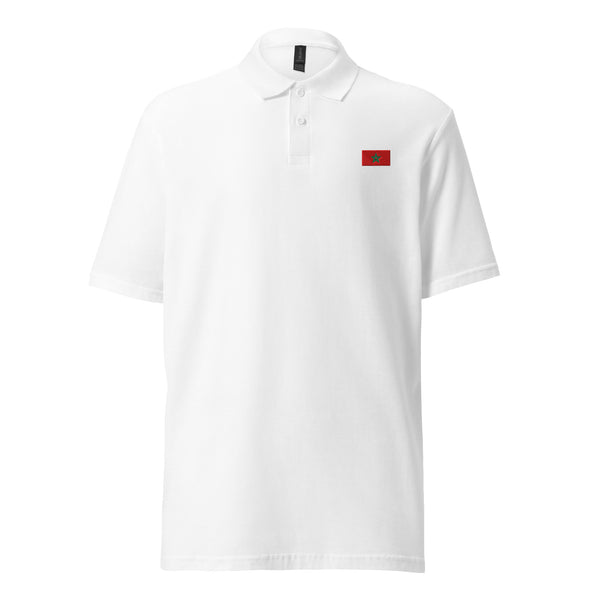 Unisex pique polo shirt embroidered Morocco flag – Rectangular blanc