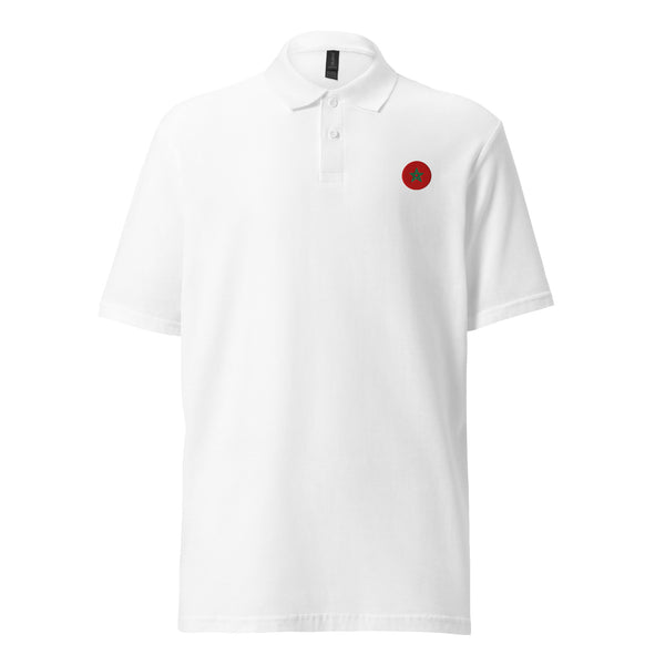 Unisex pique polo shirt Morocco embroidered flag – Round blanc