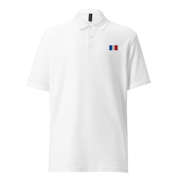 Unisex Piqué Polo Shirt with Embroidered France Flag – Rectangular blanc
