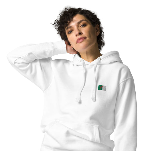 Sweat à capuche premium Algérie brodé unisexe – Coton blanc