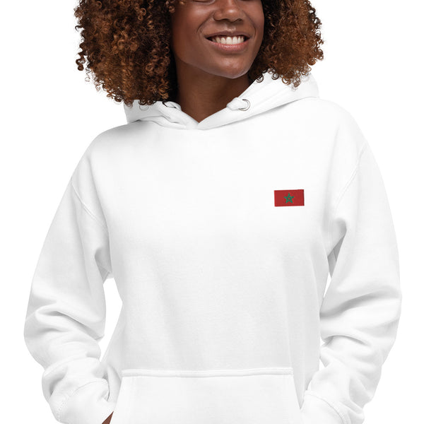Sweat à capuche premium Maroc brodé unisexe – Coton blanc